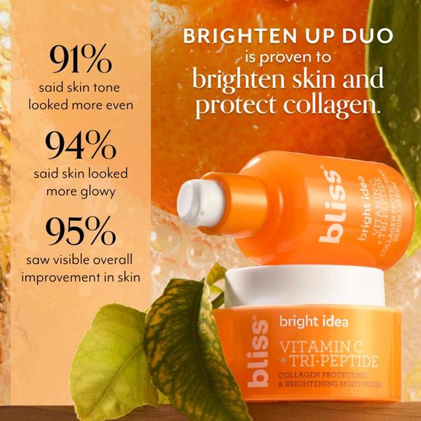 A square ad creative featuring a Vitamin C serum and moisturizer duo paired with high-impact percentage statistics that highlight consumer satisfaction.